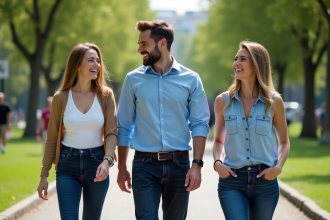 Homme souriant dans un parc urbain avec deux femmes