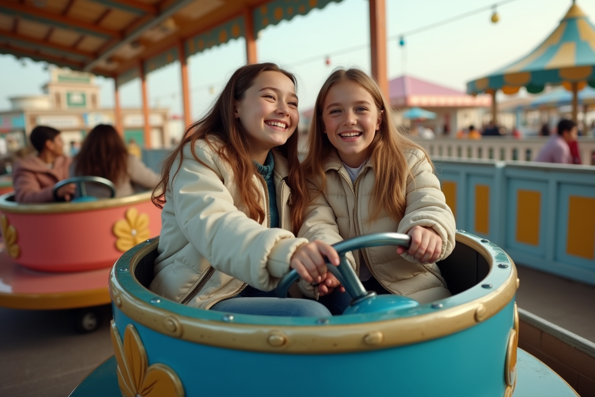 Adolescente riant dans une tasse à thé en attraction de parc