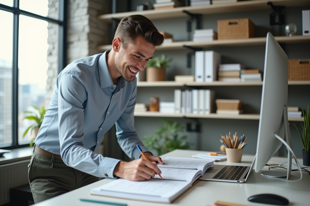 Jeune homme planifie dans un bureau lumineux