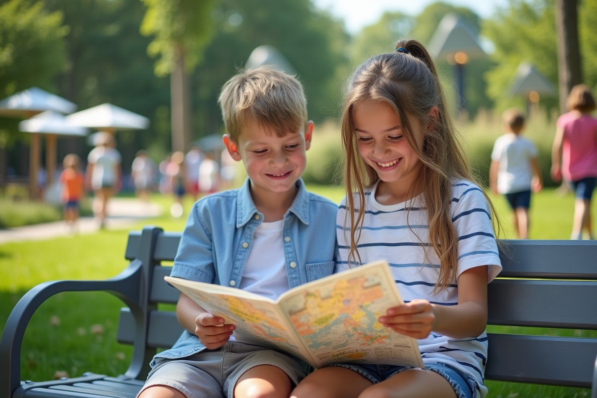 Adolescents souriants dans le jardin scientifique de Futuroscope