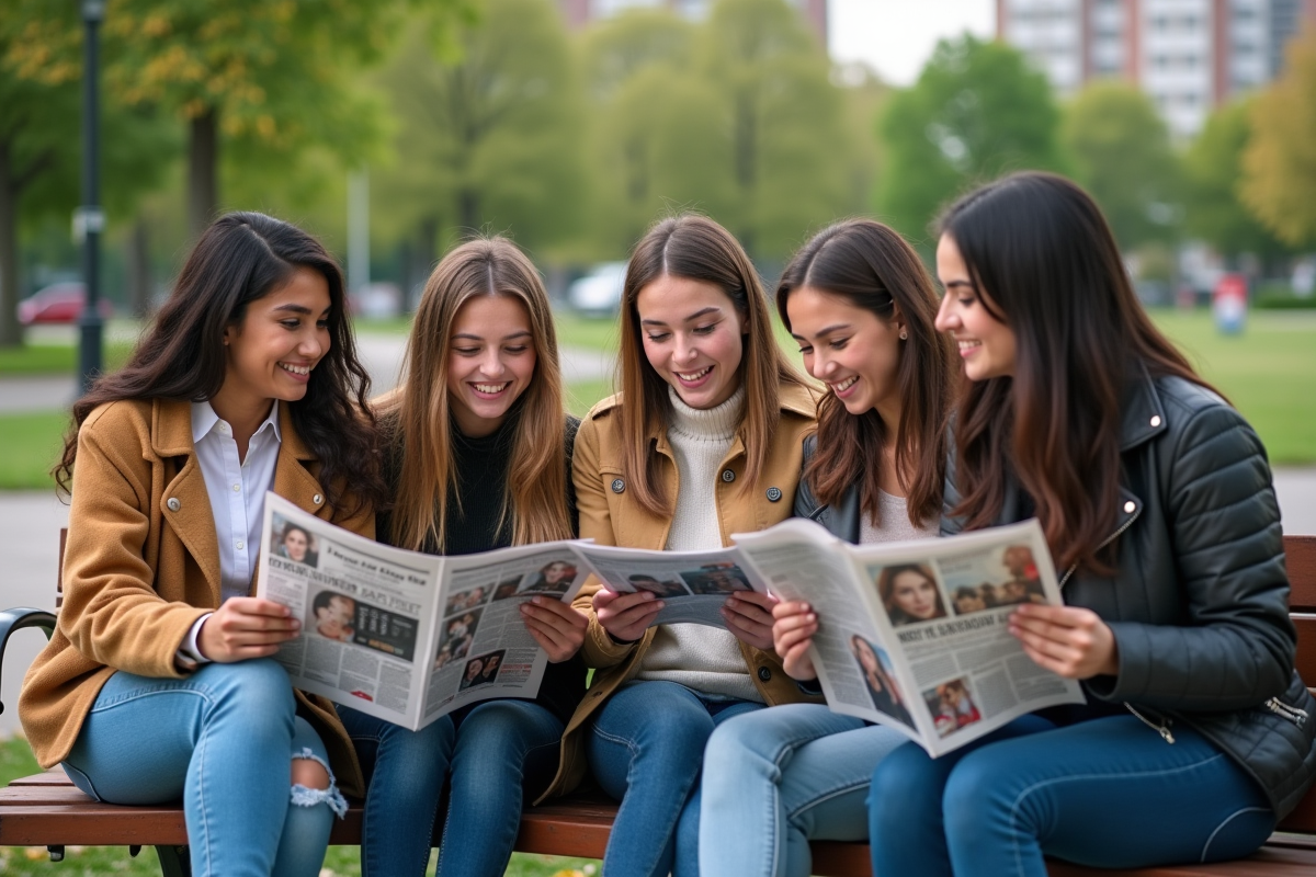 Groupe de jeunes lisant magazines dans un parc urbain