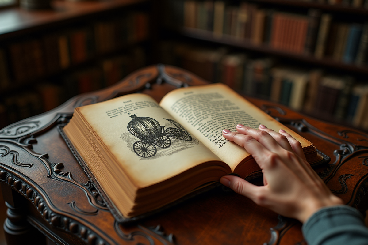 Livre ancien ouvert avec illustration de la calèche de Cendrillon dans une bibliothèque chaleureuse