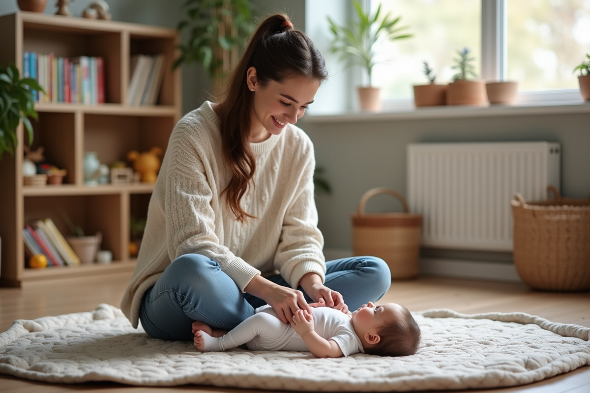 Maman assise avec son bébé sur un tapis de jeu dans un salon cosy
