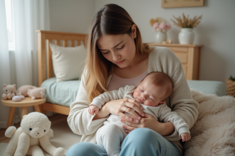 Maman fatiguée berçant son bébé dans une nurserie pastel