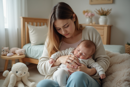Maman fatiguée berçant son bébé dans une nurserie pastel