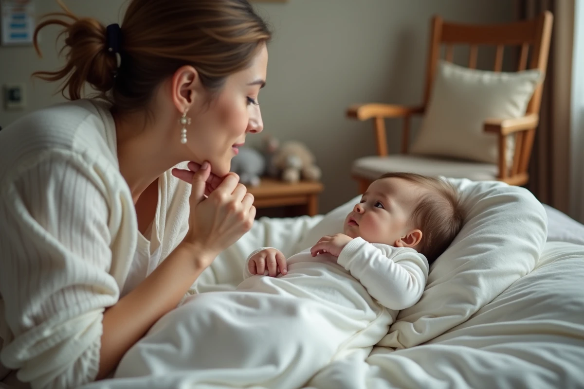 Maman observant sa fille endormie dans son sac de sommeil