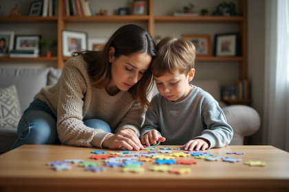 Maman et son fils jouent ensemble à un puzzle dans un salon chaleureux