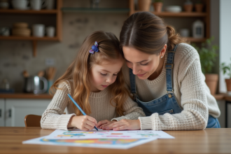 Maman et fille discutent d'un dessin dans la cuisine chaleureuse