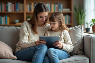 Fille et mère assises sur un canapé moderne