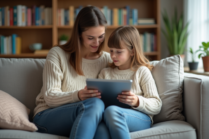 Fille et mère assises sur un canapé moderne