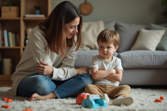 Mère frustrée assise au sol avec son enfant de 3 ans