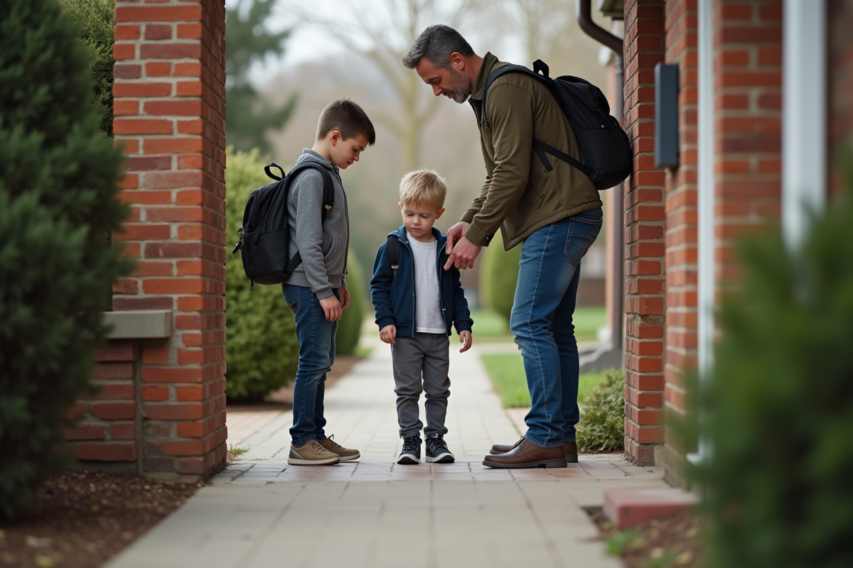 Pere attachant les chaussures de son fils devant la maison