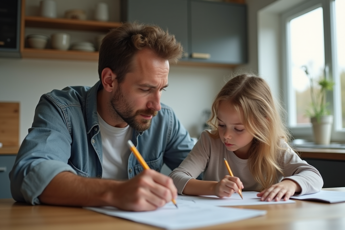 Père fatigué aidant sa fille faire ses devoirs à la cuisine