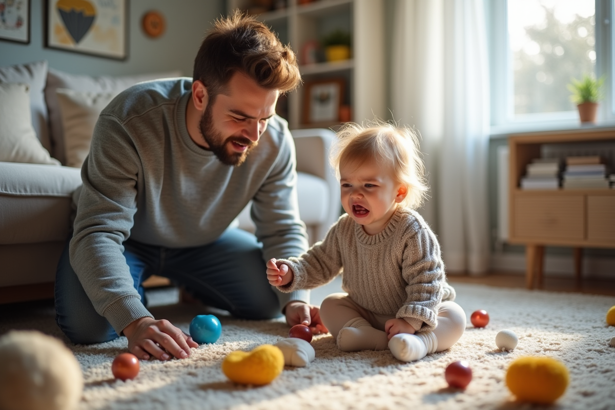 Papa jouant avec sa fille en crise dans le salon familial