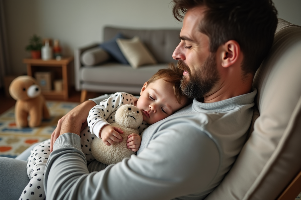 Père berçant sa fille en dentition dans un salon moderne