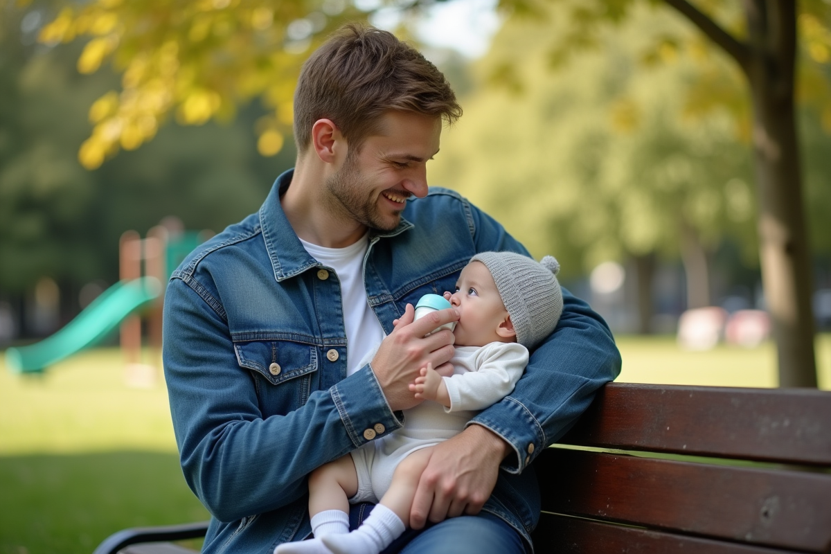 Père donnant le biberon à son bébé dans un parc urbain