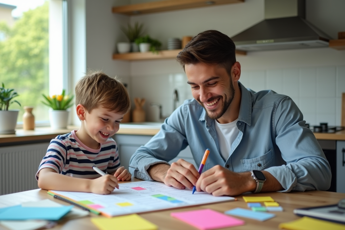 Père et enfant organisant un planning avec des notes colorées