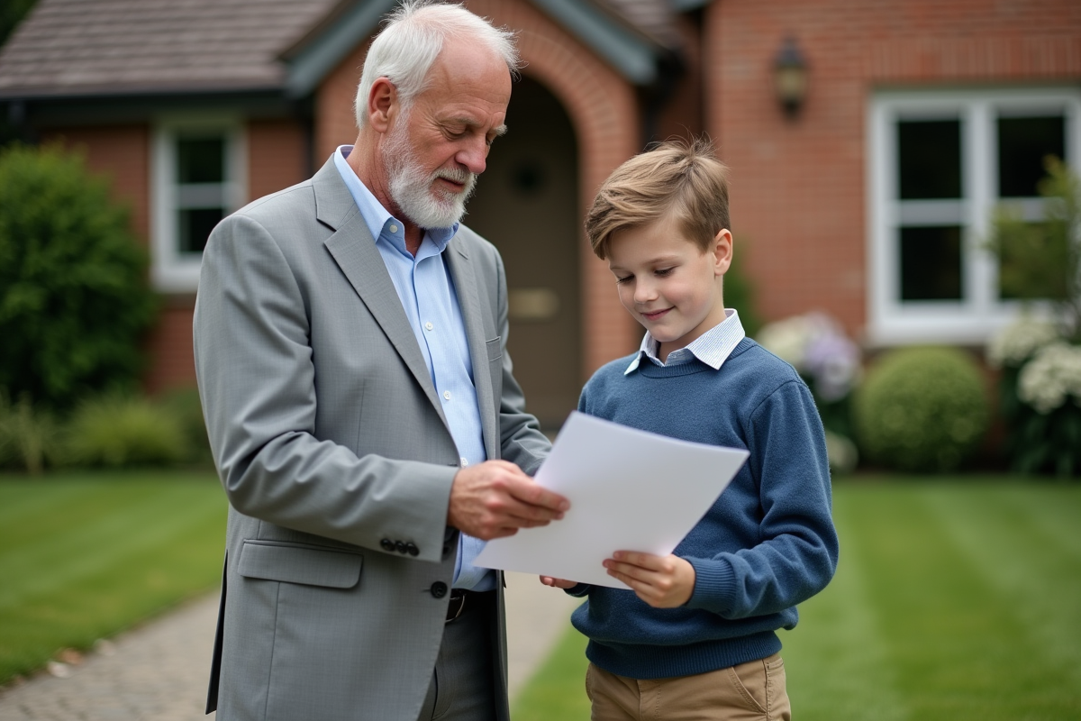 Père et garçon examinant un document devant une maison