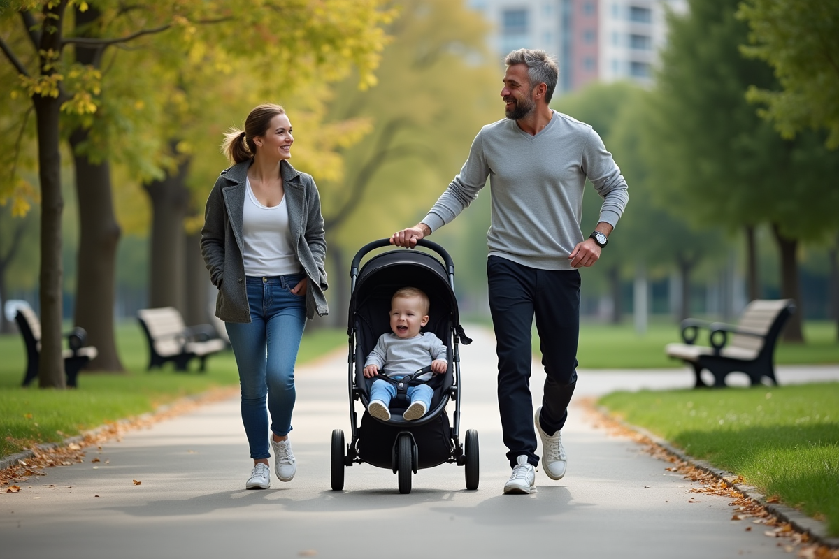 Parents marchant avec leur enfant en poussette dans un parc