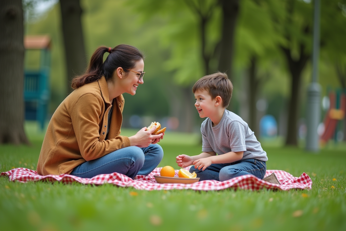 Femme et adolescent partageant un pique-nique dans un parc